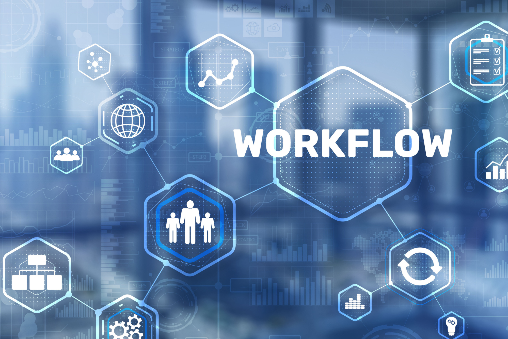 The word “workflow” surrounded by icons and images representing improving the patient workflow.