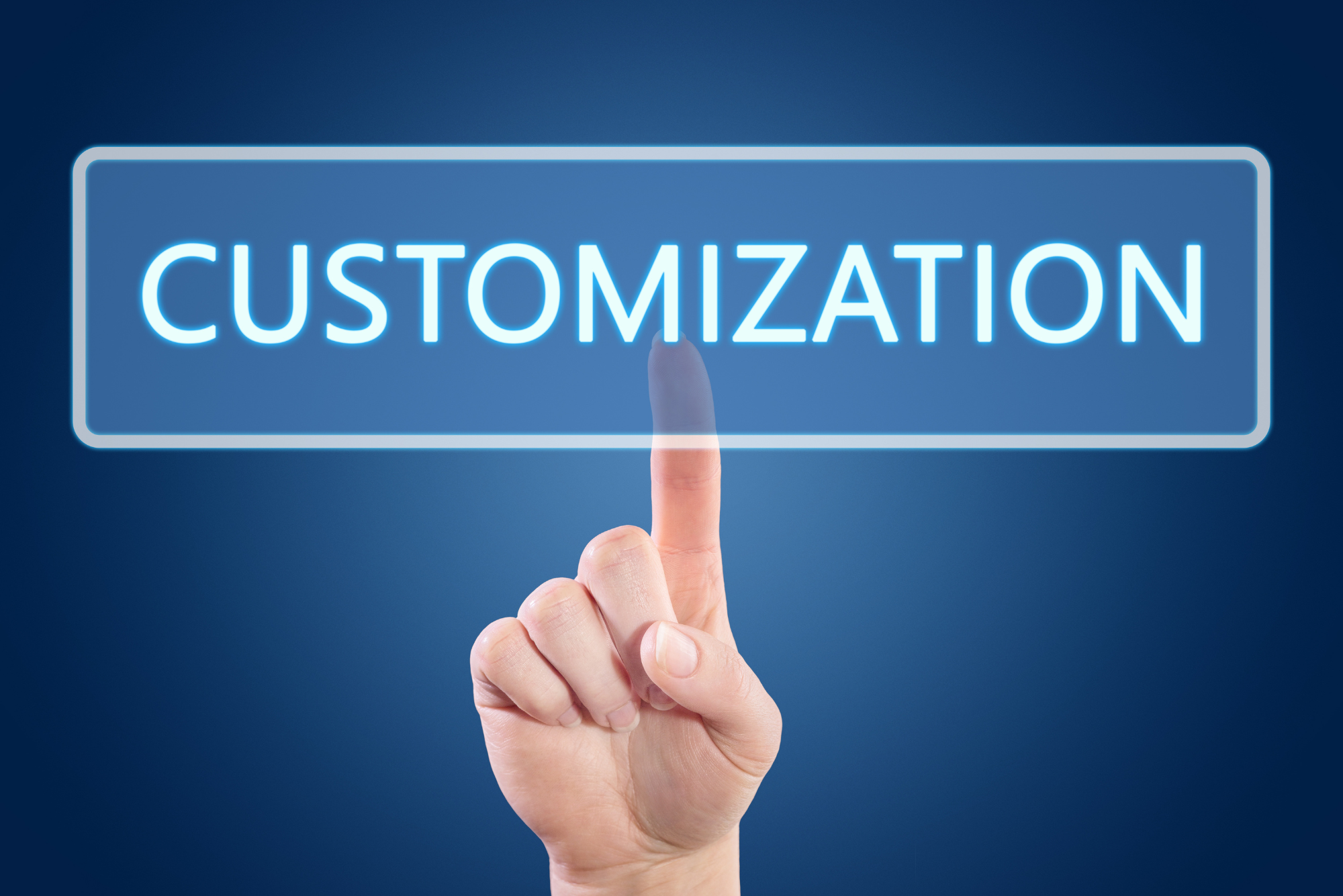 A hand pointing at a blue digital button labeled "customization".