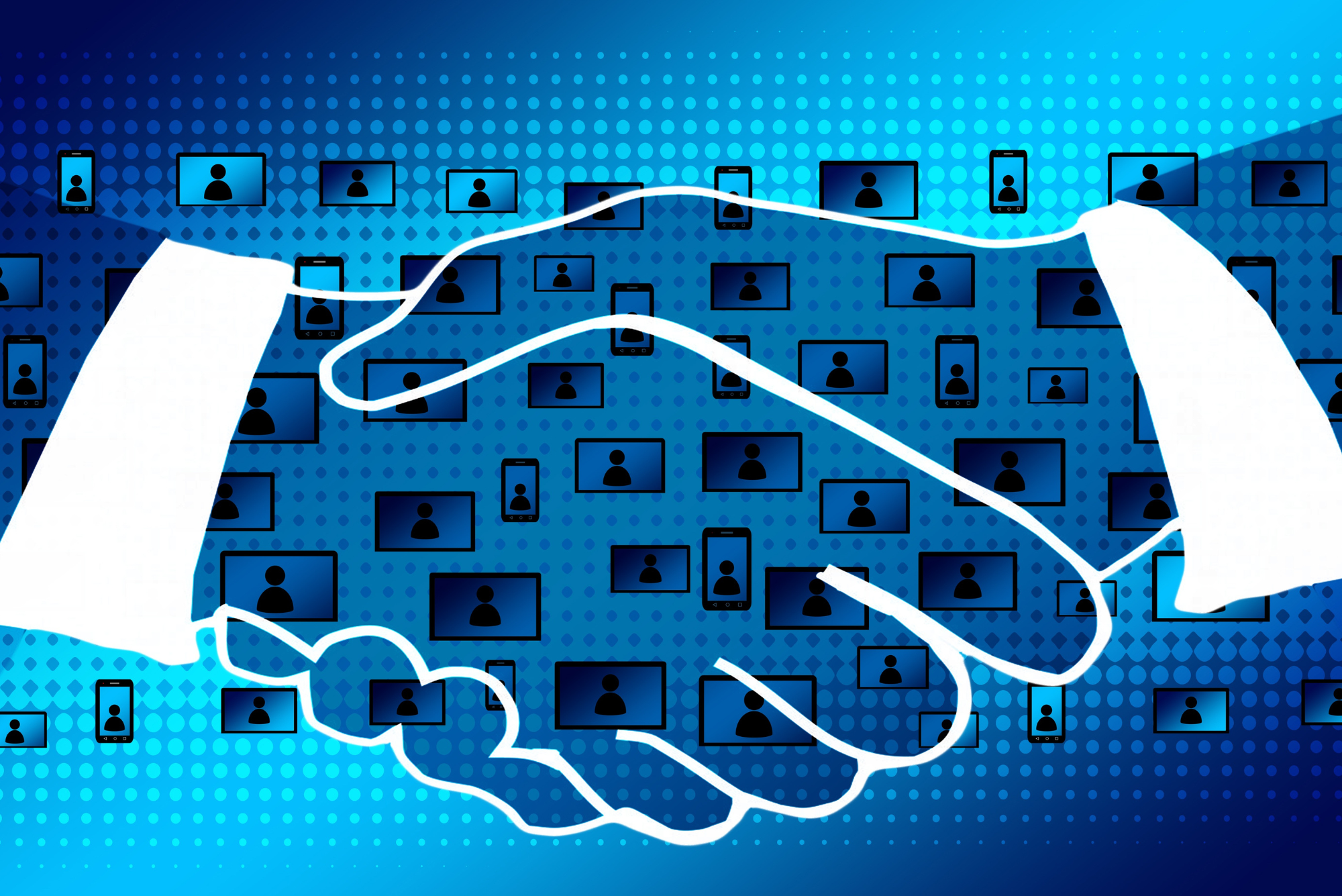 A digital picture of two hands shaking together, with person icons on various devices behind them.